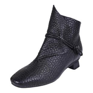 相伴真皮短靴女秋冬靴子粗跟软皮粗跟软底妈妈加绒民族风复古女靴