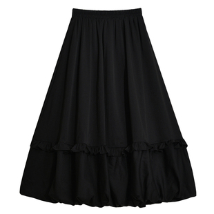 木耳边褶皱高腰花苞长裙女秋冬黑色a字半身裙子梨型身材遮胯显瘦