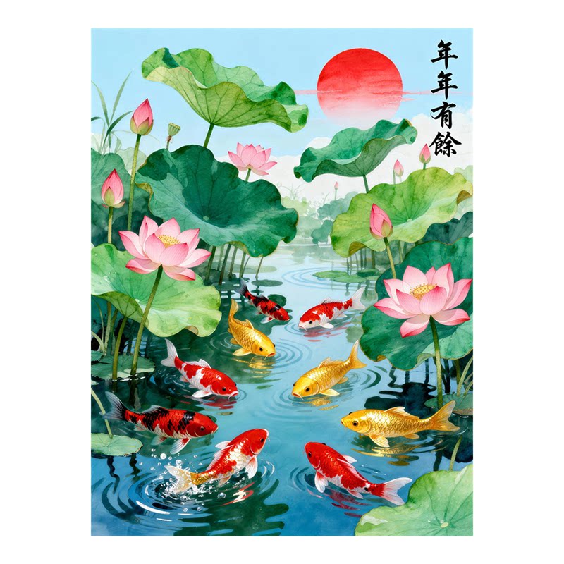 中式荷花锦鲤装饰画九鱼图玄关山水无框画芯贴纸现代家居自粘贴画