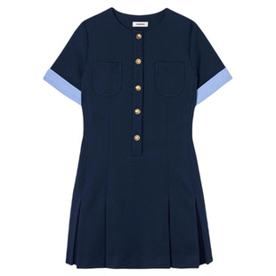 季末6折SANDRO2025秋冬新款女装法式深蓝色拼接格纹袖压褶连衣裙