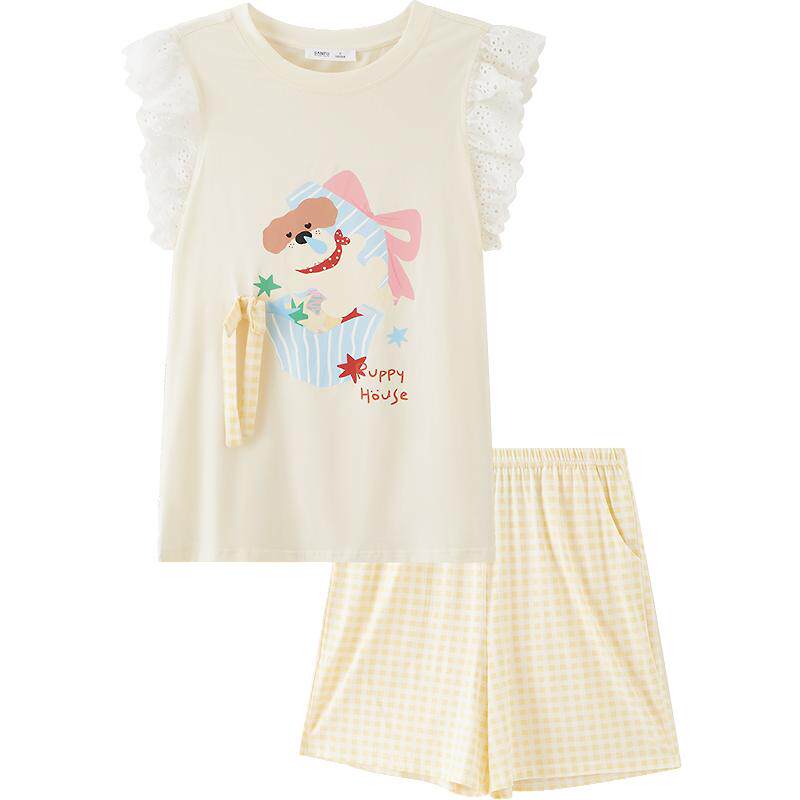 三福女夏季花边背心睡衣套装 趣味动物印花宽松家居服女517783