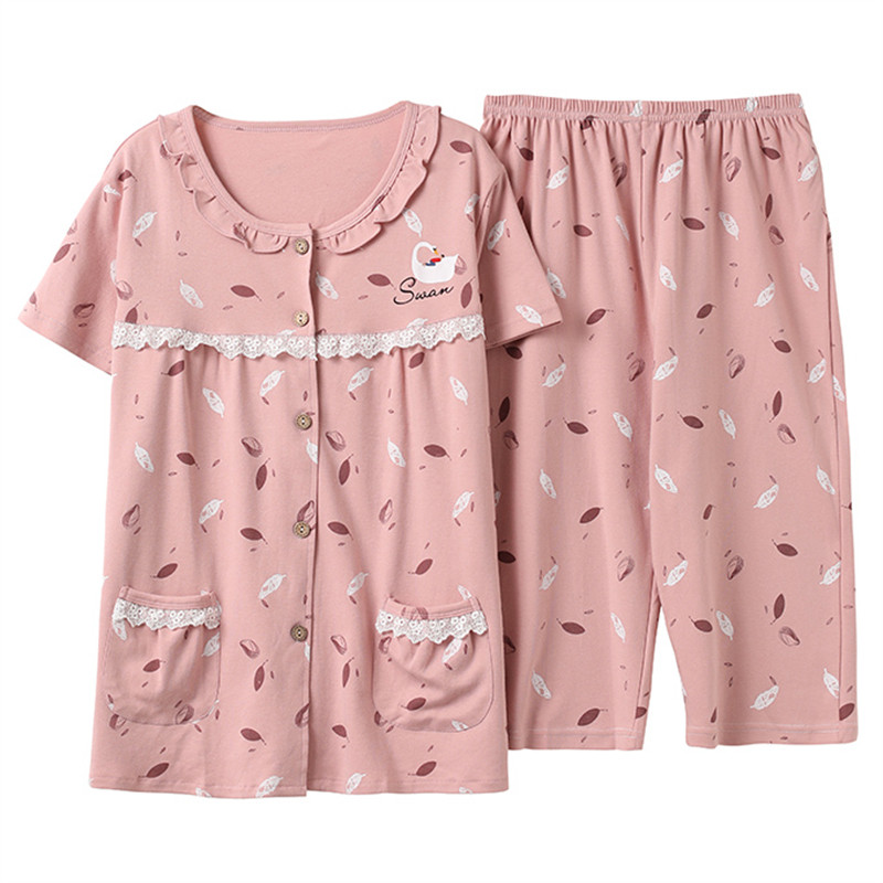 睡衣女半袖无领纯棉夏季女款短袖七分裤圆领开衫中年妈妈家居服薄