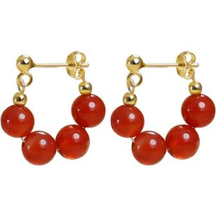 卡伦图925纯银耳环女复古红色玛瑙耳钉古风新年喜庆耳饰2026新款