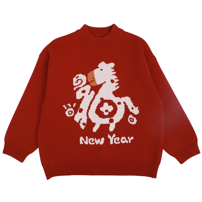 儿童拜冬年服喜庆风男童红色毛衣女童过年衣服2026马年新款拜年服
