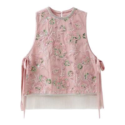 新中式马甲刺绣重工粉色领口镶钻