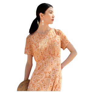 佐尔美高质感 清新甜美100%桑蚕丝真丝小碎花连衣裙女E32LS51