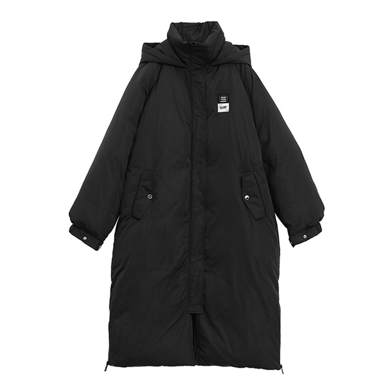 CYX 韩系休闲字母贴布连帽羽绒服长款过膝 保暖90白鸭绒外套女