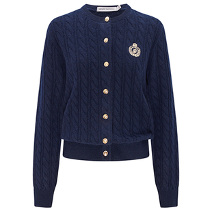 GIOVANNI VALENTINO春秋季圆领针织开衫女全羊毛短款修身毛衣外套