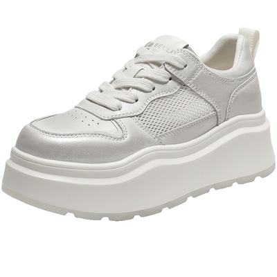 百丽女鞋子厚底透气网面小白鞋