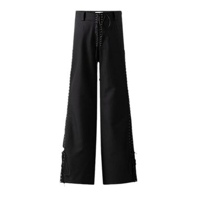 【MARKGONG】女装设计感高级流行独特气质黑绑带装饰羊毛微喇长裤