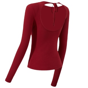 健身女孩新年红露背瑜伽服含胸垫显瘦气质普拉提上衣跑步运动长袖