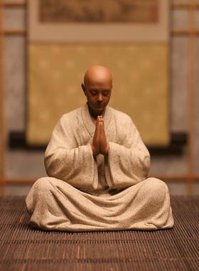 新中式手工紫砂小和尚茶宠摆件小沙弥禅意茶道茶室桌面车载装饰品