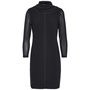 马天奴秋冬女装黑色堆堆领网纱长袖连衣裙子短裙气质时尚流行百搭