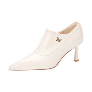 星期六羊皮通勤尖头深口单鞋女细跟高跟鞋显瘦气质不累脚白色皮鞋