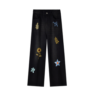 lemanism美式复古设计感花朵刺绣牛仔裤男2025春秋情侣直筒休闲裤
