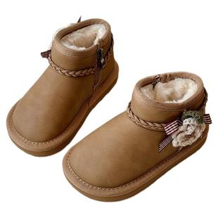 女童雪地靴皮面防水冬季新款儿童雪地棉靴中大童加绒短靴公主靴子