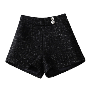 显腿长A字高腰阔腿短裤女秋冬外穿小个子亮片亮丝毛呢冬天配靴子