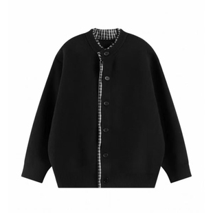 潮牌假两件格子拼接开衫毛衣男秋冬宽松帅气百搭休闲针织上衣外套