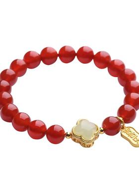 珍灵石天然红玛瑙手链女款幸运四叶草水晶手串本命年转运珠送女友