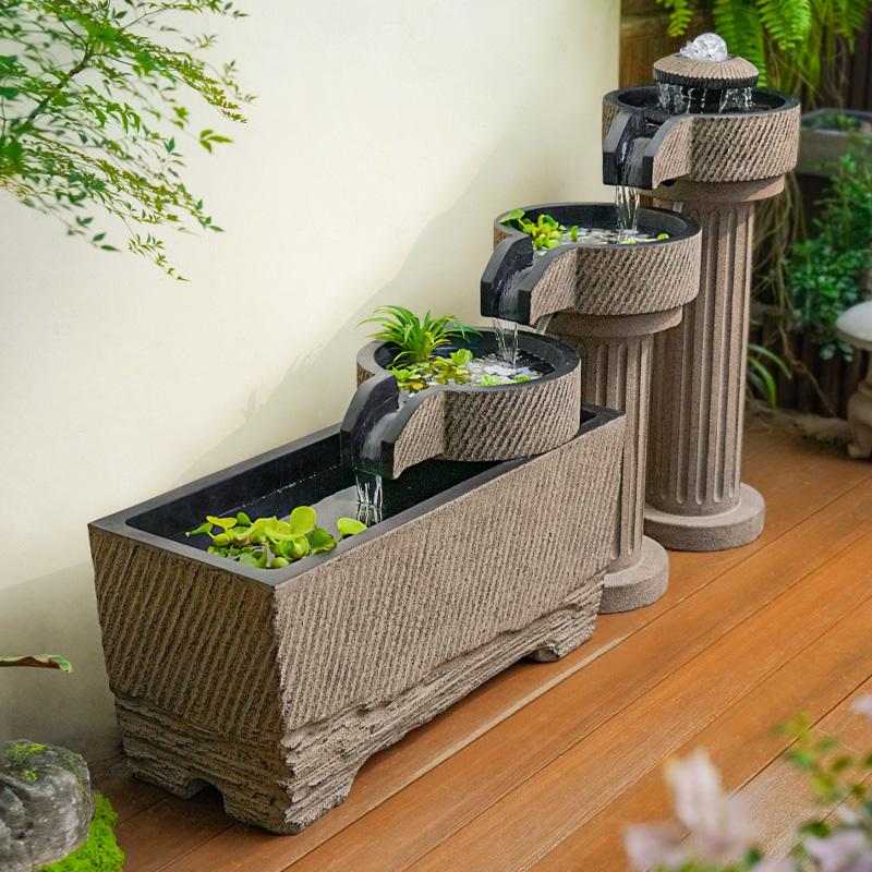 户外古法养鱼池庭院阳台室外树脂鱼缸流水摆件循环水彷石磨造景