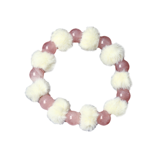 天然粉水晶红圆珠搭配毛绒团原创款手链 女款流行手串饰品礼物