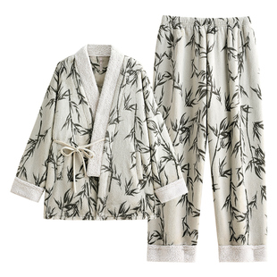 悦内睡衣女秋冬季冬款法兰绒加绒加厚珊瑚绒家居服和服新中式国风