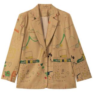 KEIKO 巴恩风卡其色西装外套两件套装春季涂鸦印花通勤垫肩小西服