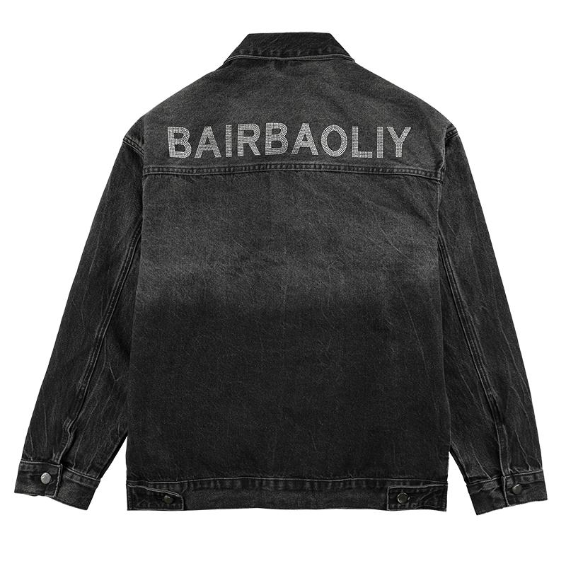BAIRBAOLIY品牌重工烫钻字母轻奢休闲牛仔外套复古扎染帅气男夹克