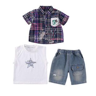 男童夏季韩版套装2026夏款新数字衬衫短袖背心T恤牛仔短裤三件套
