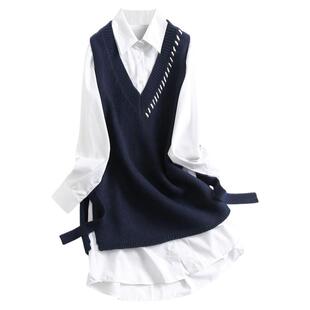 撞色真两件套装裙针织马甲衬衫裙2025春新款长袖显高连衣裙女K205