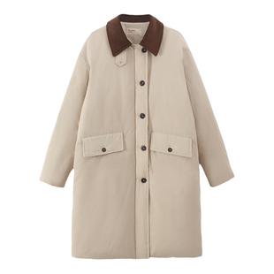 Jicouture90白鸭绒拼接长款防寒羽绒服女冬季灯芯绒翻领棉服外套