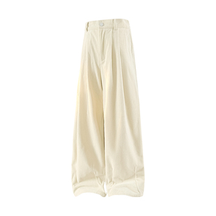 米白色灯芯绒男士冬季裤子加绒加厚宽松休闲裤美式保暖直筒阔腿裤