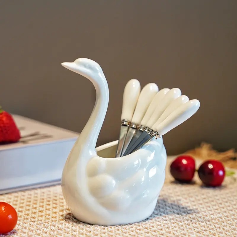 304不锈钢天鹅水果叉套装陶瓷家用安全水果签收纳罐轻奢高级感