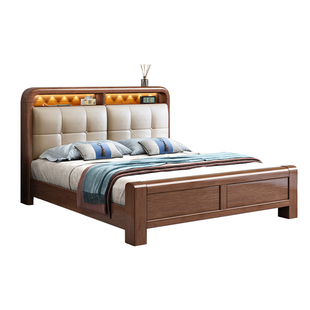 新中式实木床1.8皮靠背床胡桃木双人床主卧室简约实木高箱储物床