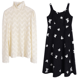 时髦小姨风套装胖莹莹大码女装春季高领绒感蕾丝打底衫刺绣连衣裙