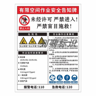 2026国标有限空间作业安全风险告知牌标识消防水池储罐小心坠落当心中毒窒息警示标志必须通风闲人免进提示牌