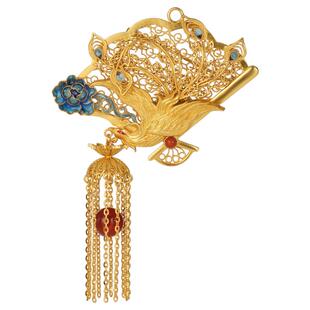 凤凰来仪鎏金纯银胸针非遗花丝镂空珐琅彩新中式凤凰折扇流苏胸花