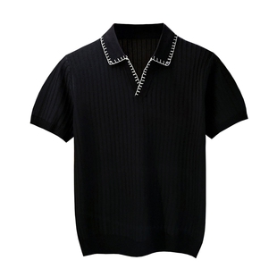 美式复古潮流穿绳翻领t恤短袖男 夏季新款休闲针织肌理polo衫男款