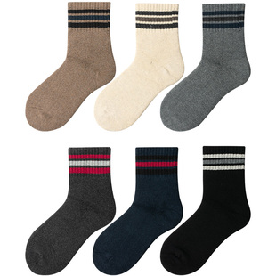 良朴袜子男款春秋中筒袜二道杠条纹运动吸汗棉袜男士加厚毛圈袜