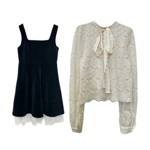 安璃 ANLI 精致花边刺绣衬衫丝绒背带连衣裙法式复古套装 分开拍