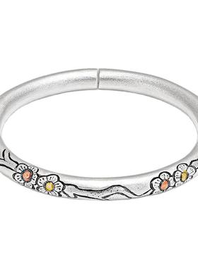 梅花银手镯女纯银999实心哑光手工錾刻闭口古法素圈手环女送妈妈