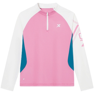 特步童装春季新款儿童运动中大童速干半开襟上衣女童拼接长袖