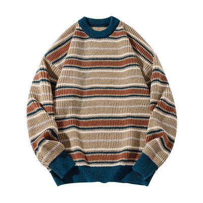 条纹圆领毛衣撞色复古上衣针织衫