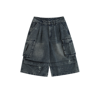 INSstudios 国潮牌情侣美式泼漆褶皱牛仔七分裤宽松直筒裤裤子男