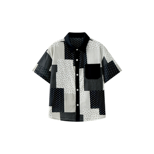 虾酱麻麻男童短袖衬衫套装夏季2026新款上衣纯棉撞色格子儿童裤子