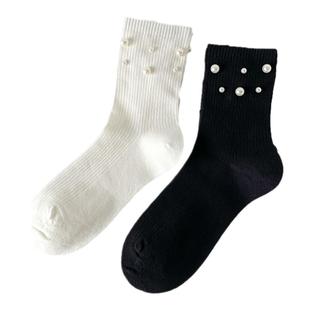 黑色珍珠袜子女中筒堆堆夏季可爱薄款女款夏天长筒配小皮鞋乐福鞋