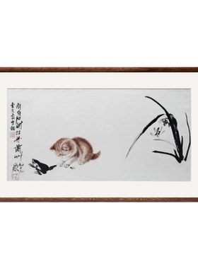 （猫趣图）白石童趣艺术微喷 国画书房餐厅实木框挂画