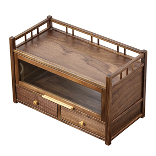胡桃木桌面收纳柜双抽屉实木博古架防尘新中式摆件茶壶茶具置物架