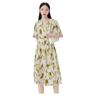 艾莱依奥莱夏季修身时尚气质长裙V领半袖设计法式连衣裙轻薄女