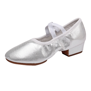 女士长跟2.5cm跳舞鞋中国舞帆布舞蹈带跟练功银色成人软底教师鞋